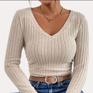 Women's Solid Color Ribbed Long Sleeve T-shirt, Elegant V Neck Spring & Fall